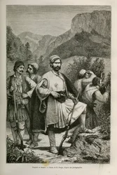 Řečtí lupiči a pastýři, komplicové v horách, kresba E.Ronjata, k ilustraci příběhu Henri Belle: Cesta do Řecka