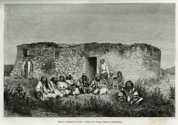 Domy a obyvatelé Jericha (Západní břeh). Rytina od E.Ronjata pro ilustraci dnešního příběhu Sýrie od M.Lorteta, děkana lékařské fakulty v Lyonu, pověřeného vědeckým posláním ministerstva veřejného školství, zveřejněno v Tour