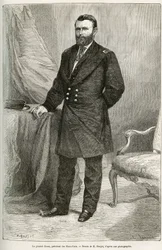 Portrét Ulyssese Granta (1822-1885), amerického generála, velitele vojsk Unie během občanské války a 18. prezidenta Spojených států, který zastával dva mandáty v letech 1869 až 1877. Rytina podle kresby E. Ronjata k ilustraci příběhu