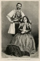 Portréty černohorského knížete Nikoly I. Petroviće-Njegoše (1841-1921) a jeho manželky Mileny, rozené Vukotićové (1847-1923), kresba E. Ronjata k ilustraci cesty Charlese Yriarta (1832-1898) do Černé Hory v roce 1874. Rytina v Le Tour du