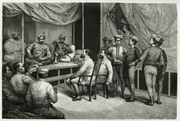Přijetí cestujících v paláci sultána Soulou (nebo Sulu) (souostroví na Filipínách), Mohammed Yamalul Alam. Rytina E. Ronjata pro ilustraci příběhu „“ Cesta na Filipíny““
