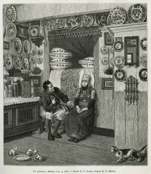 Un interieur à Marken (Pays Bas), rytina podle kresby E. Ronjata, pro ilustraci příběhu Neerlande, Charles de Coster, v roce 1878, publikovaná v tour du monde, pod vedením Edouarda Chartona