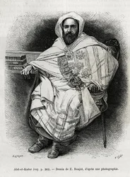 portrét Abda El Kadera (1808-1883) alžírského emíra a sultána, súfijského teologa, politika a vojenského odporu vůči francouzské koloniální armádě, také spisovatele, básníka a filozofa. Rytina E.Ronjata pro ilustraci příběhu La Syria d