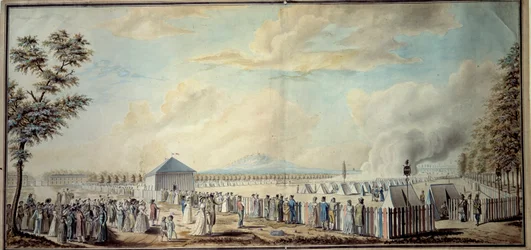 Francouzská revoluce: „Vojenský tábor Marsovské školy budoucích představitelů republikánské armády“ Akvarel Etienna Bericourta (18. století) 1794 Paříž, B.N.