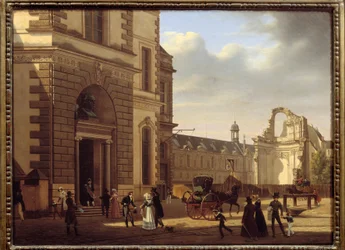 Vstup do muzea Louvre a ruiny Saint Louis du Louvre. Pohled na Paříž. Obraz Etienna Bouhota (1780-1862)