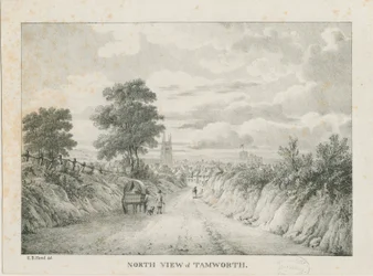 Tamworth - Vzdálený pohled od severu: litografie, nd [1796-1865]