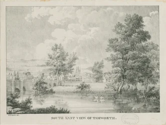 Tamworth - Vzdálený pohled z jihu: litografie, nd [1796-1865]