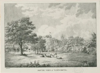 Tamworth - Vzdálený pohled z jihu: litografováno, nd [1796-1865]