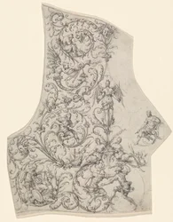 Zadní plát parádní zbroje, asi 1557 (kresba perem a tuší)