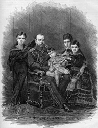 Portrét ruské císařské rodiny v roce 1881: Car Alexandr III. (1845-1894) a Marie Fjodorovna (nebo Fiodorovna nebo Fedorovna) (Mary Sophie Dagmar