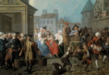 Karneval v ulicích Paříže Detail. Obraz Etienna Jeaurata (1699-1789) 1757. Rozm. 0,65 x 0,82 m Paříž, muzeum Carnavalet