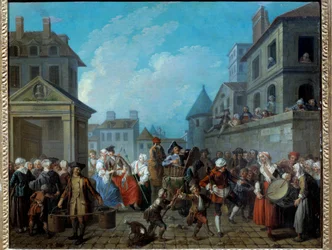 Karneval v ulicích Paříže Obraz Etienna Jeaurata (1699-1789) 1757. Rozměr 0,65 x 0,82 m Paříž, Musee Carnavalet