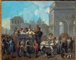 Chování dívek radosti v Salpetriere, průchod branami Saint Bernard Současná nemocnice Salpetriere byla původně vězením a hospicem pro ženy. Obraz Etienna Jeaurata (1699-1789) 1757 Rozm. 0,65 x 0,82 m Paříž, Musee Car