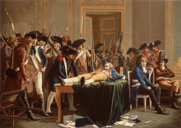 Ráno 10. Thermidoru Rok II; Maximilien de Robespierre, se zlomenou čelistí, rozprostřenou na stole (chromolitho)