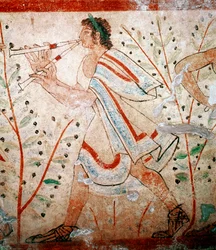 Hráč na flétnu. Detail fresky, 5. století př. n. l.