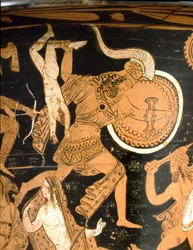 Etruská antika: zvoncový kratér zobrazující zničení Tróje: detail zachycující Neoptolema, jak shazuje Astyanakta, Hektorova syna, z hradeb. Z Falerii Veteres (Civita Castellana). 350-300 př. n. l. Řím, Museo Nazionale di Villa Giulia