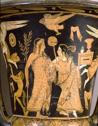 Etruská antika: zvoncový kratér zobrazující zničení Tróje: detail s Dionýsem a Ariadnou. Z Falerii Veteres (Civita Castellana). 350-300 př. n. l. Řím, Museo Nazionale di Villa Giulia