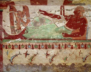 Banketová scéna. (Detail fresky, 520 př.n.l.)