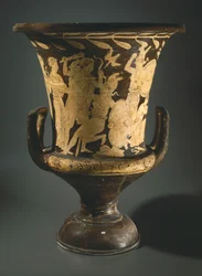 Calyx-krater (velká váza). Červenofigurová keramika z Perugie (Umbrie). Etruská civilizace, 4. století před naším letopočtem.