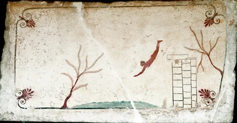 Etruské umění: mladý plavec skákající do vody. Freska z Hrobky „Potápěče“. Z jižního pohřebiště v Paestu. 480-470 př. n. l. Museo Archeologico Nazionale, Paestum