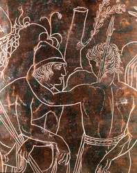 Etruské umění: detail bronzové Ficoroniho cisty zobrazující legendu o Argonautech. Z Praeneste (Palestriny). 340 př. n. l. Museo Nazionale di Villa Giulia, Řím