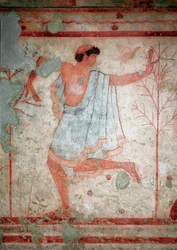 Etruské umění: fresky zobrazující hostiny, detail s tanečníkem. Hrobka triklínia. 5. století př. n. l. Národní archeologické muzeum v Tarquinii, Itálie