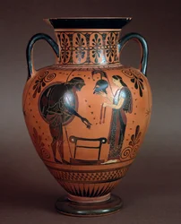 Etruská civilizace: terakotová hydria představující Thetis vzdávající se zbraně svému synovi Achilleovi, 550-500 př. n. l. Z Cerveteri, Itálie