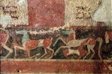 Koně a jezdec. (Detail fresky, 510 př.nl)