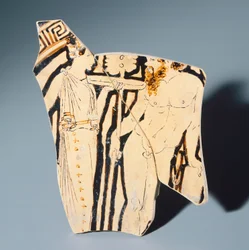 Kylix od malířky Villia Giulia, fragment. Červenofigurová keramika. Etruská civilizace, 4. století před naším letopočtem.