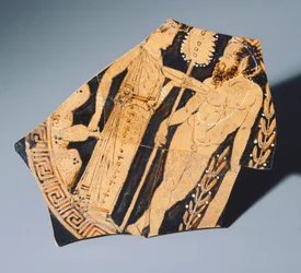 Kylix od malířky Villia Giulia, fragment. Červenofigurová keramika. Etruská civilizace, 4. století před naším letopočtem.