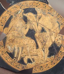 Poseidon a Amfitrit. Červenofigurová keramika z Civita Castellana (Lazio). Etruská civilizace, 4. století před naším letopočtem.