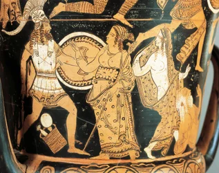 Keramika s červenou postavou, detail krateru zobrazující Menelaa, kterému čelí Afrodita, když se dostává k Heleně, z Civita Castellana, starověké Falerii, provincie Řím, Itálie