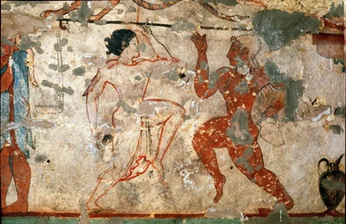 Rituální tanec, mladá žena v průsvitné tunice a nahý mladý muž. (Detail fresky, 520 př. n. l.)