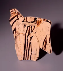 Terakotový fragment kylixu představující maenadu a satyra, 350 př.nl