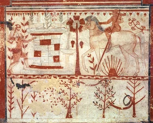 Přepadení trojského prince Troila od Achilla z Hrobky býků (Tomba del Tori) c.540 př.nl (freska)