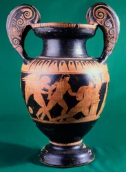 Volutní krater od malíře z Mohuče, zobrazující válečníka a amazona. Červenofigurová keramika. Etruská civilizace, 4. století před naším letopočtem.