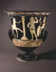 krater (velká váza) od malíře z Londýna. Červenofigurová keramika z Gualdo Tadino (Umbrie). Etruská civilizace, 4. století před naším letopočtem.