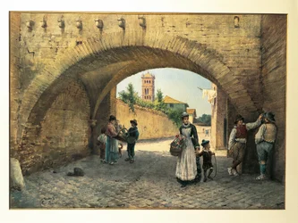 Itálie, Řím, oblouk Tolomei od Ettore Roesler Franz, akvarel