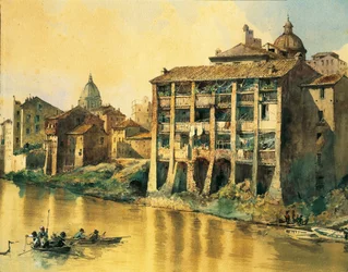 Itálie, Řím, Staré domy podél řeky Tibery, Ettore Roesler Franz, Akvarel