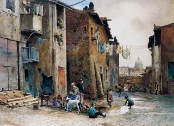 Středověké domy ve Via della Lungaretta v Římě, Ettore Roesler Franz (1845-1907), akvarel, Itálie