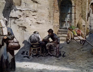 Staré středověké domy na Lungaretě od Ettore Roesler Franze (1845-1907), akvarel ze série Zmizelý Řím, Detail, Itálie