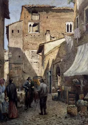 Pierleoniho staré domy v Římě, akvarel Ettore Roesler Franz (1845-1907), Itálie