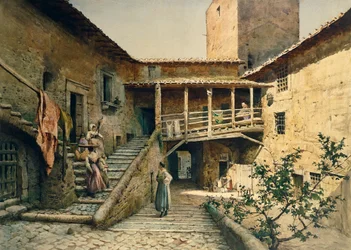 Nádvoří v paláci Anguillara v Římě, ze série Zmizelý Řím, od Ettore Roesler Franz (1845-1907)