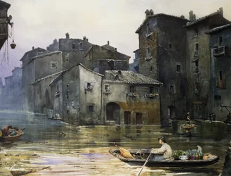 Via della Fiumara zatopená v Římě, Ettore Roesler Franz (1845-1907), akvarel, Itálie