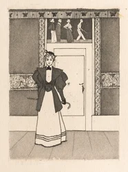 Interiér s mladou ženou v vycházkovém kostýmu, 1895.