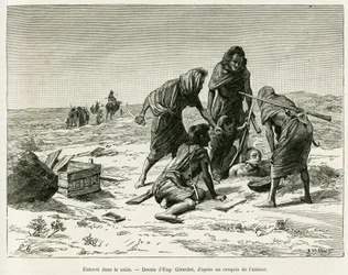 Pohřbívání v písku. Rytina Eugèna Girardeta k ilustraci vyprávění Pět měsíců mezi kočovnými Maury Západní Sahary, v roce 1887, od Camilla Doulse, v Le Tour du monde 1888, pod vedením Édouarda Chartona (1807-1890), Hachette, Paříž.