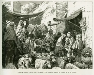 V rozpacích v ulici Teboursouk Souk. Rytina Eugena Girardeta pro ilustraci příběhu Voyage en Tunisie, od R.Cagnata a H.Saladina, obviněných z archeologické mise ministerstva veřejného školství, v tour du monde 1888, pod vedením