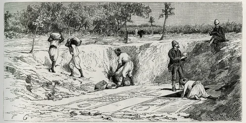 Vykopávky na křesťanském hřbitově v Lamtě s oběma misemi. Rytina od Eug.Girardeta pro ilustraci příběhu „Cesta do Tuniska“, od Rene Cagnat