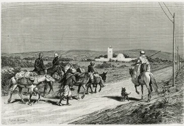 Náš přívěs se pohybuje. Vyryl Eugene Girardet pro ilustraci příběhu „Voyage en Tunisie““, historik Rene Cagnat (1852-1937) a architekt Henri Saladin (1851-1923), pověřený v letech 1882-1883 Ministerstvem veřejného vyučování. Publikováno i
