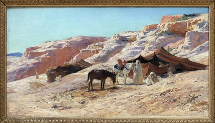 Tábor, Olejomalba na plátně Eugena Girardeta (1853-1907), tábořiště skupiny arabských cestovatelů (beduínů) v krajině dun. Ztlumit. 50x60 cm. Fotografie, KIM Youngtae, Nantes, Musee des Beaux Art de Nantes.